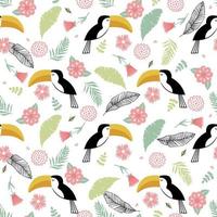 Toucan seamless pattern in a tropical jungle. Toucans, leaves, flowers and hearts. vector