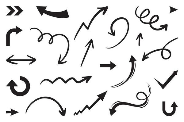 hand drawn arrow set, collection of illustrated arrow signs, arrows collection in doodle style, minimalist arrow collection