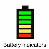 Vector illustration. Battery indicator with full bar position, with red, yellow, and green bar markings. Isolated on white background