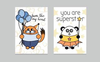 conjunto de saludo tarjetas saludo tarjeta con un panda. saludo tarjeta con un panda. panda en un traje. panda sostiene un varita mágica con un asterisco. imagen de un pequeño ardilla con globos vector