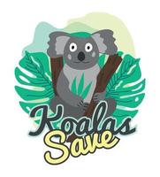 ilustración de un coala. coala en un árbol con un hoja. koalas ahorrar. imagen con coala y el inscripción salvar koalas vector