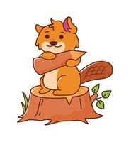 A beaver sits on a stump with a pencil. Cute animal. Vector illustration