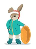 Rabbit with a sled. Cute rabbit in winter. Christmas and New Year. Vector illustration