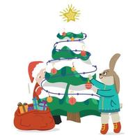 The rabbit decorates the Christmas tree. Santa Claus peeks out from behind the Christmas tree. Cute rabbit in winter. Christmas and New Year. Vector illustration.