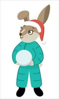 The rabbit made a ball out of snow. Cute rabbit in winter. Christmas and New Year. Vector illustration.