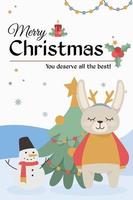 Postcards on New Year and Christmas. A rabbit stands near a Christmas tree and a snowman. Vector illustration