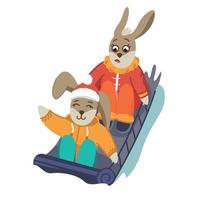 Two rabbits on a sled slide down the slide. Cute rabbit in winter. Christmas and New Year. Vector illustration