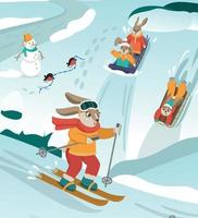 Rabbits go sledding and skiing. Cute rabbit in winter. Christmas and New Year. Vector illustration.