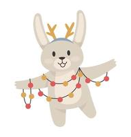 Rabbit in a Christmas garland. Vector illustration with a cute rabbit.