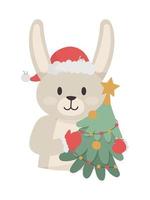 A rabbit holds a Christmas tree. New Year and Christmas. Vector illustration. Cute Rabbit