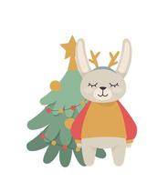 A rabbit near a Christmas tree. Vector illustration with a cute rabbit