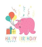 Illustration with pink hippo, balloons, gifts. Illustration greeting card with hippo happy birthday. Happy Birthday Greeting Card vector