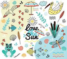 Illustration of I love the sun. Image frog, dragonfly, gull, fish, sun, umbrella, cloud, leaves, cockleshell, reed, river, scribble vector