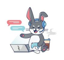 Hare talking on headphones while sitting at a laptop vector