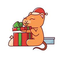 Nutria opens the gift. Cute animal. Vector illustration