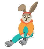 The rabbit puts on his skates. Cute rabbit in winter. Christmas and New Year. Vector illustration.