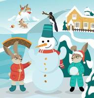 Rabbits sculpt a snowman. Cute rabbit in winter. Christmas and New Year. Vector illustration.