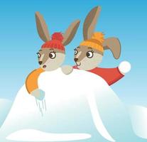 Two rabbits hide behind a snowdrift. Cute rabbit in winter. Christmas and New Year. Vector illustration.