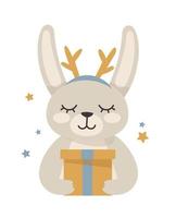 New Year's rabbit with a gift. Vector illustration with a cute animal. New Year and Christmas.