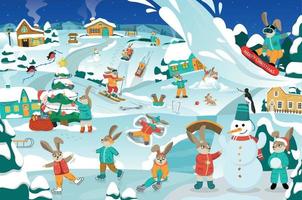 nuevo años ilustración con alegre conejos ese jugar en el nieve. Navidad tarjeta con festivo animales vector ilustración