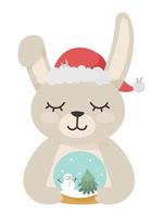 A Christmas rabbit holds a toy ball. New Year and Christmas. Vector illustration cute rabbit.