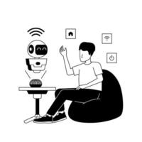 hombre sentar a frijol bolso voz mando a robot artificial inteligencia para inteligente hogar iot futuro tecnología negro ilustración vector