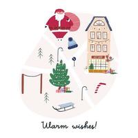 Winter holidays greeting card with Santa Claus and city map - cartoon flat vector illustration isolated on white background. Cute hand drawn map with house and Christmas tree.