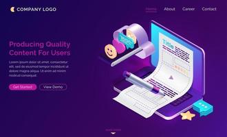 Production of quality content for users, isometric vector