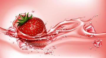 Strawberry with juice flowing splash, realistic vector