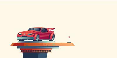Red sport car on futuristic extendable platform vector