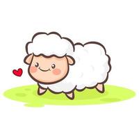 Cute little lamb cartoon character. Kawai sheep on the field. Animal concept design. Hand drawn flat vector illustration.