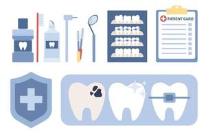 dental icono colocar. privado odontología, ortodoncia servicios, dental estético clínica. dientes con problema y lesiones, dental tirantes, limpieza. enderezamiento y tratamiento dientes. vector plano ilustración