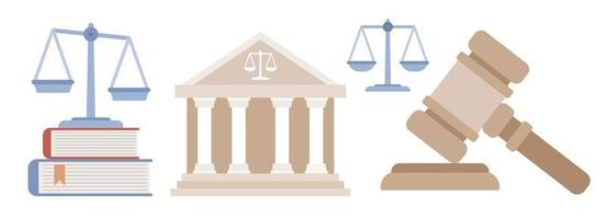 Law and justice icon set. Scales of justice, courthouse and judge's gavel. Supreme Court. Legal services, services of lawyer, notary. Vector flat illustration