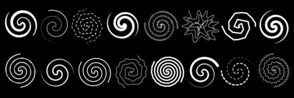 Set of abstract twirls and spirals. Vector illustration of lines twisted in circle. Drawing of signs of round swirls and wavy whirls.