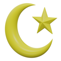 crescent moon and star 3d render icon illustration with transparent background, ramadan png