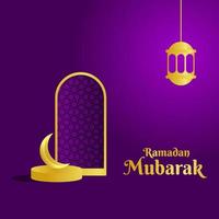 Illustration of ramadan mubarak design, with golden crescent moon above the lectern and door of the mosque. Golden lantern. With a purple background. For greeting cards, envelope designs, etc vector