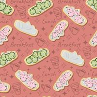 Modern seamless pattern with healthy sandwich with radish and cucumber in flat style on red background. Outline coffee cups and stars with text Breakfast, Lunch Perfect for fabric, wrapping, wallpaper vector