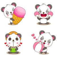 set group panda with summer activities vector