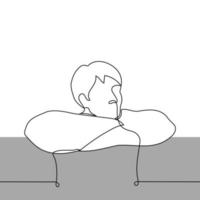 man leans on a high railing with crossed arms sticking out - one line drawing vector. concept dreaming, waiting, relaxation, procrastination, laziness vector