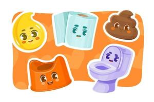 Set of cute childrens characters with pee, poop, toilet paper, toilet and baby potty. vector