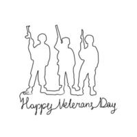 One line Happy Veterans Day minimalist continuous lineart vector illustration.  American's soldiers saluting silhouettes, American flag.