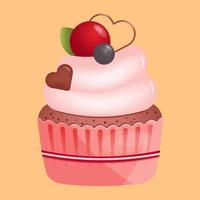 Cupcake with heart shape chocolate and cherry on the plate in flat style isolated on yellow background. Love, valentines day concept. Vector illustration