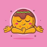 calm takoyaki food character mascot with yoga meditation pose isolated cartoon in flat style design vector