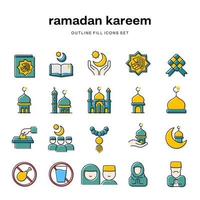 Ramadán kareem contorno llenar color icono colección vector