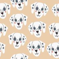 Vector seamless pattern with dalmatian dog faces on beige background. Vector illustration