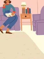 Woman reading book in the living room. Happy cozy time at home alone. Vector illustration