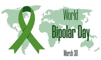 World bipolar day on March 30 concept. Vector illustration of world map with green awareness ribbon and text for social poster, banner, card, flyer