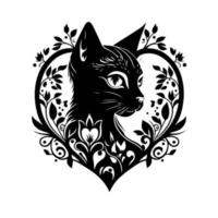 Ornamental heart-shaped cat in black and white for your pet-themed projects. Vector art.