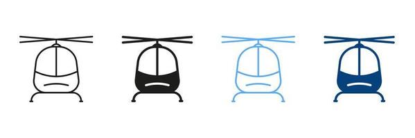 Helicopter Line And Silhouette Color Icons Set. Pictogram Of Air Transport. Collection Of Solid and Outline Symbols Of Military Aircraft on White Background. Isolated Vector Illustration.