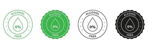 No Alcohol In Beauty Product Stamp Set. Zero Percent Alcohol-Free Labels. Natural Cosmetic Stickers for Alcohol Free Products. Droplet In Round Seal No Alcohol Icon. Isolated Vector Illustration.